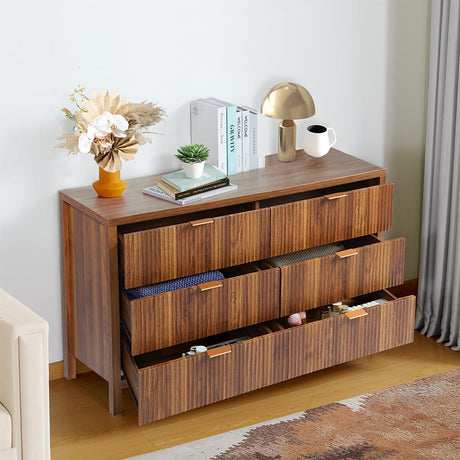 6 Drawer Dresser Cabinet, Long Nightstand with Drawers and Storage Cabinet, Farmhouse Solid Wood Dresser TV Stand, Mid Century Modern Nightstand with affeivul