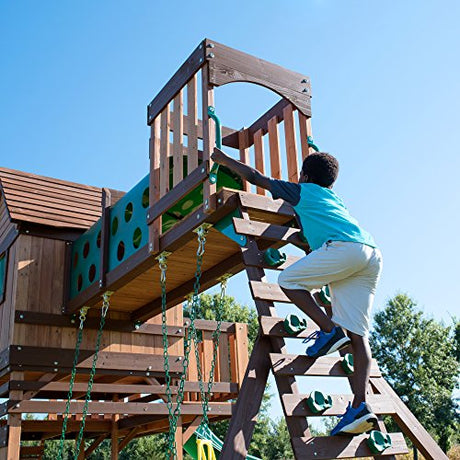 Backyard Discovery Woodridge Elite All Cedar Wood Swing Set, Upper and Lower Deck, Sandbox, Vented Tunnel, Rock Climbing Wall, Coated Rope Belted Backyard Discovery