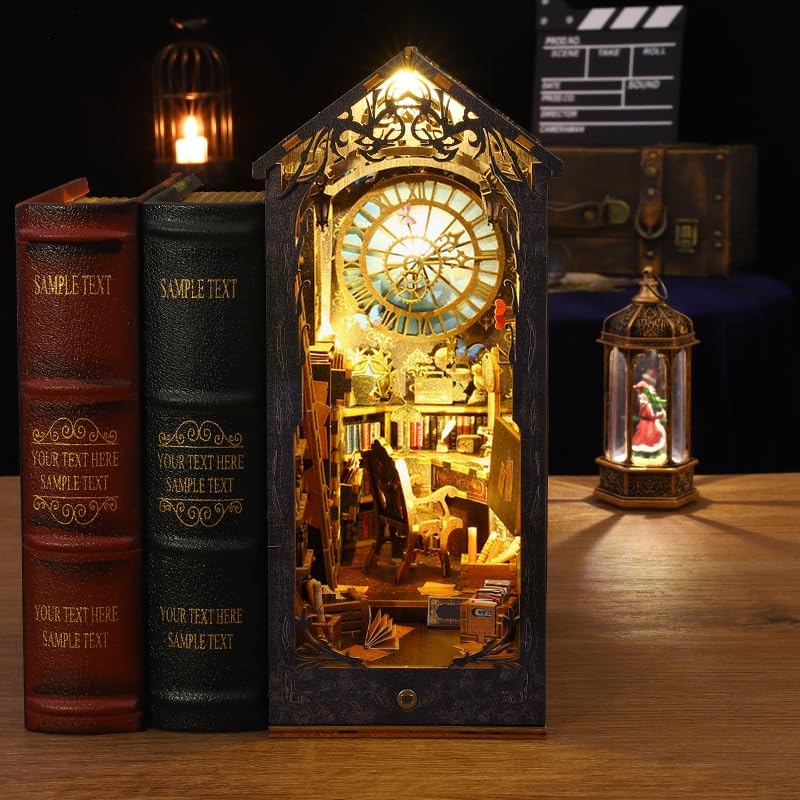 DIY Book Nook Kit Wooden Detective Agency Miniature Dollhouse Kit, Creative Bookshelf Insert Decor with Sensor LED Light, Bookend Building Hobbies 3D