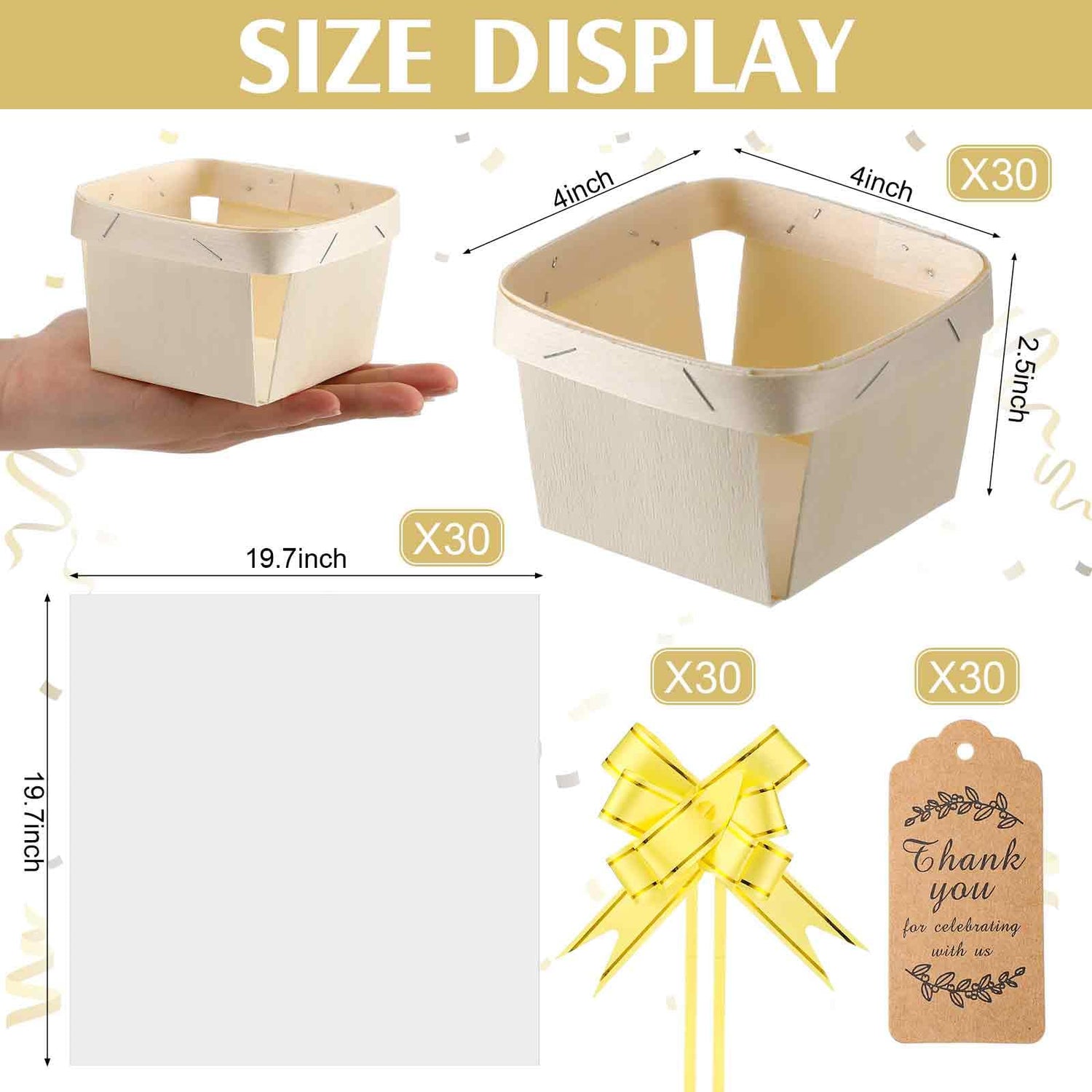 Pinkunn 30 Set Wooden Gift Baskets 4 x 4 x 2.5 Wood Basket DIY Square Wood Gift Boxes with Plastic Paper Thank You Cards and Pull Bows for Christmas Pinkunn