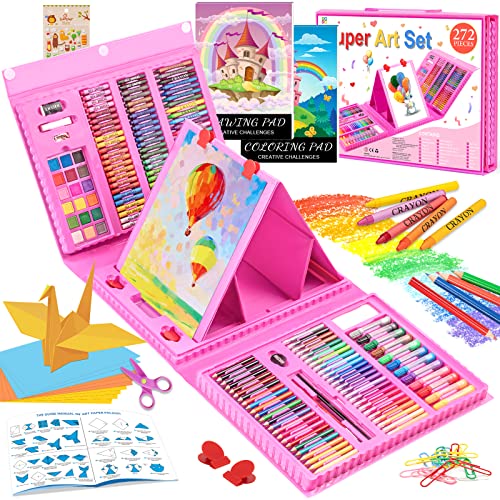 Art Supplies, 272 Pack Art Set Drawing Kit for Girls Boys Teens Artist, Deluxe Gift Art Box with Trifold Easel, Origami Paper, Coloring Book, Drawing POPYOLA