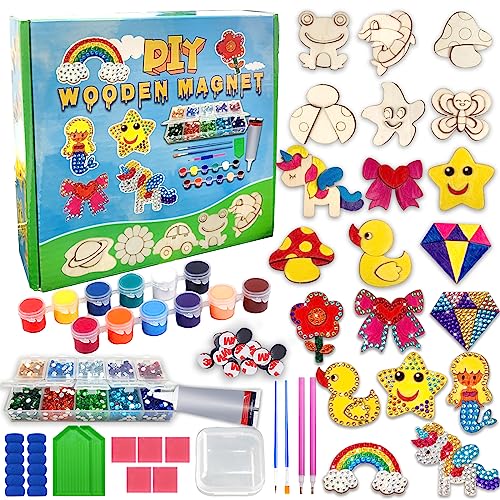 EDsportshouse 24Pcs DIY Wooden Magnets Craft Kits with Gem Diamond Painting,Fun Creative Crafts Gifts for Kids Boys Girls Age 5-12 Years Old