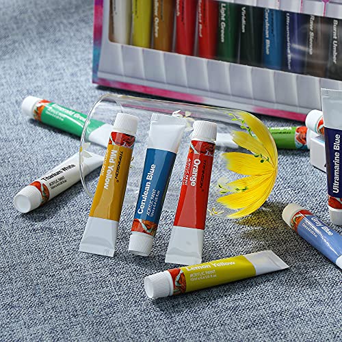 TRANSON Acrylic Paint Set 24-color with 12 Paint Brushes and Palette Non-toxic for Canvas Craft Rock Art Painting