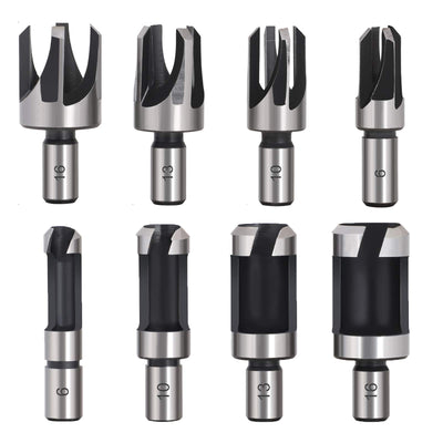 Baorder 8Pcs Wood Plug Cutter Drill Bit Set Carbon Steel Titanium Coated Woodworking Chamfer Drill Bits Straight and Tapered Taper 5/8" 1/2" 3/8"
