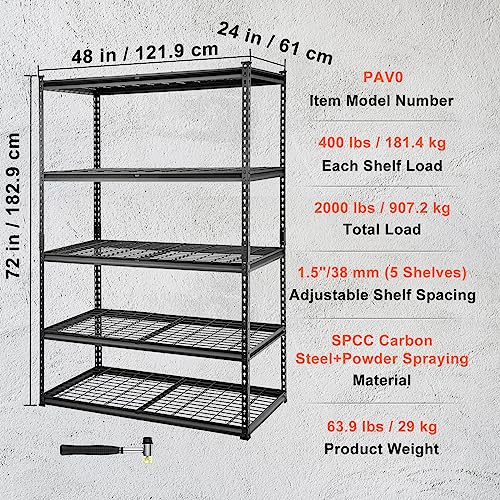 VEVOR Storage Shelving Unit, 5-Tier Adjustable, 2000 lbs Capacity, Heavy Duty Garage Shelves Metal Organizer Wire Rack, Black, 48" L x 24" W x 72" H - WoodArtSupply