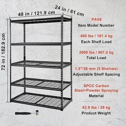 VEVOR Storage Shelving Unit, 5-Tier Adjustable, 2000 lbs Capacity, Heavy Duty Garage Shelves Metal Organizer Wire Rack, Black, 48" L x 24" W x 72" H - WoodArtSupply