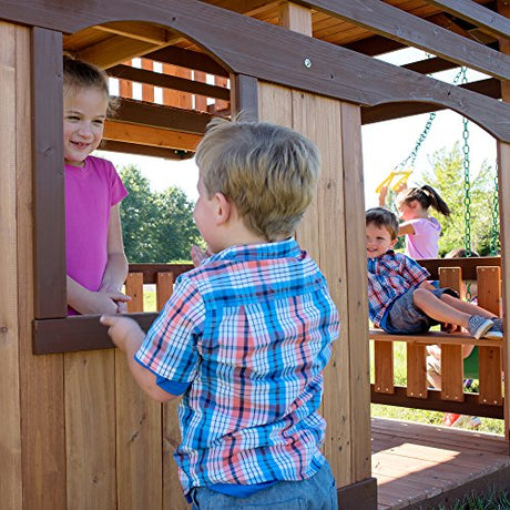 Backyard Discovery Woodridge Elite All Cedar Wood Swing Set, Upper and Lower Deck, Sandbox, Vented Tunnel, Rock Climbing Wall, Coated Rope Belted Backyard Discovery