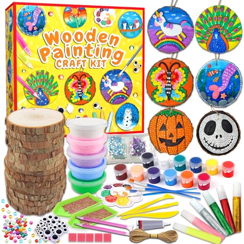 Wakestar Unfinishied Wood Slices for Arts and Crafts-Glow in The Dark Wooden Painting Kit for Kids Girls Age 5-12 Years Old-Air Dry Clay Crafts Toys