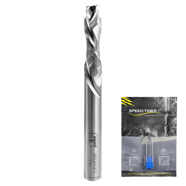 SPEED TIGER Carbide Spiral Router Bits - Up Down Compression Bit, ISEUD3/8” Diameter, 1-1/4” Cutting Length, 4"OVL (1 Piece, 3/8") - for Wood, SPEED TIGER