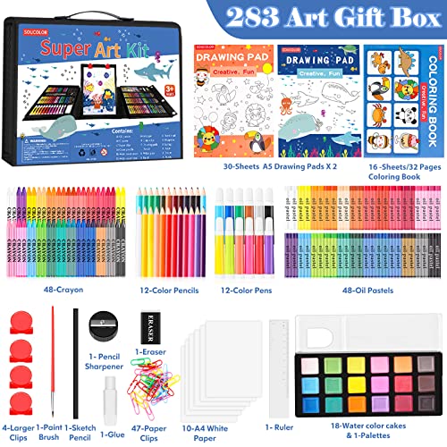 Soucolor Art Supplies, 283 Pieces Drawing Set Art Kits with Trifold Easel, 2 Drawing Pads, 1 Coloring Book, Crayons, Pastels, Arts and Crafts Gifts