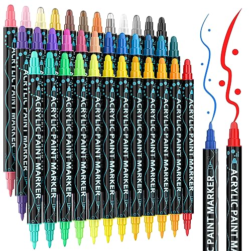 36 Colors Acrylic Paint Pens, Dual Tip Paint Markers with Fine Tip and Round Tip, Premium Paint Pens for Stone, Wood, Paper, Canvas, Fabric, Glass,