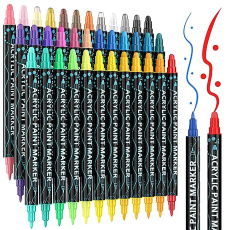 36 Colors Acrylic Paint Pens, Dual Tip Paint Markers with Fine Tip and Round Tip, Premium Paint Pens for Stone, Wood, Paper, Canvas, Fabric, Glass, FENORKEY
