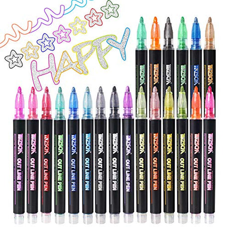Outline Metallic Markers Set, ZSCM 21 Colors Super Squiggles Double Line Paint Pens Outline Markers, for Drawing Coloring, Greenting Card Writing, ZSCM QUALITY DECIDES THE FUTURE
