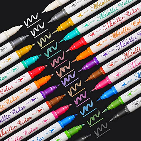 Sunshilor Dual Tip Metallic Marker Pens, Brush and Fine Point Pens for Black Paper, Rock Painting, Easter Egg, Halloween Pumpkin, Card Making, Metal, Sunshilor