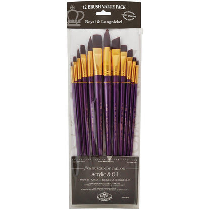 Royal Brush Manufacturing Royal and Langnickel Zip N' Close 12-Piece Brush Set, Firm Burgundy Taklon, Assorted - WoodArtSupply