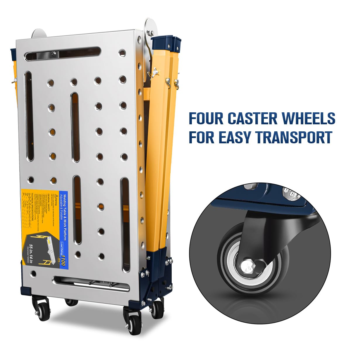 FUNTECK Versatile Portable Steel Work Platform and Welding Table with Casters | 55 x 14-inch Galvanized Tabletop | 1100 lbs. Load Capacity | FUNTECK