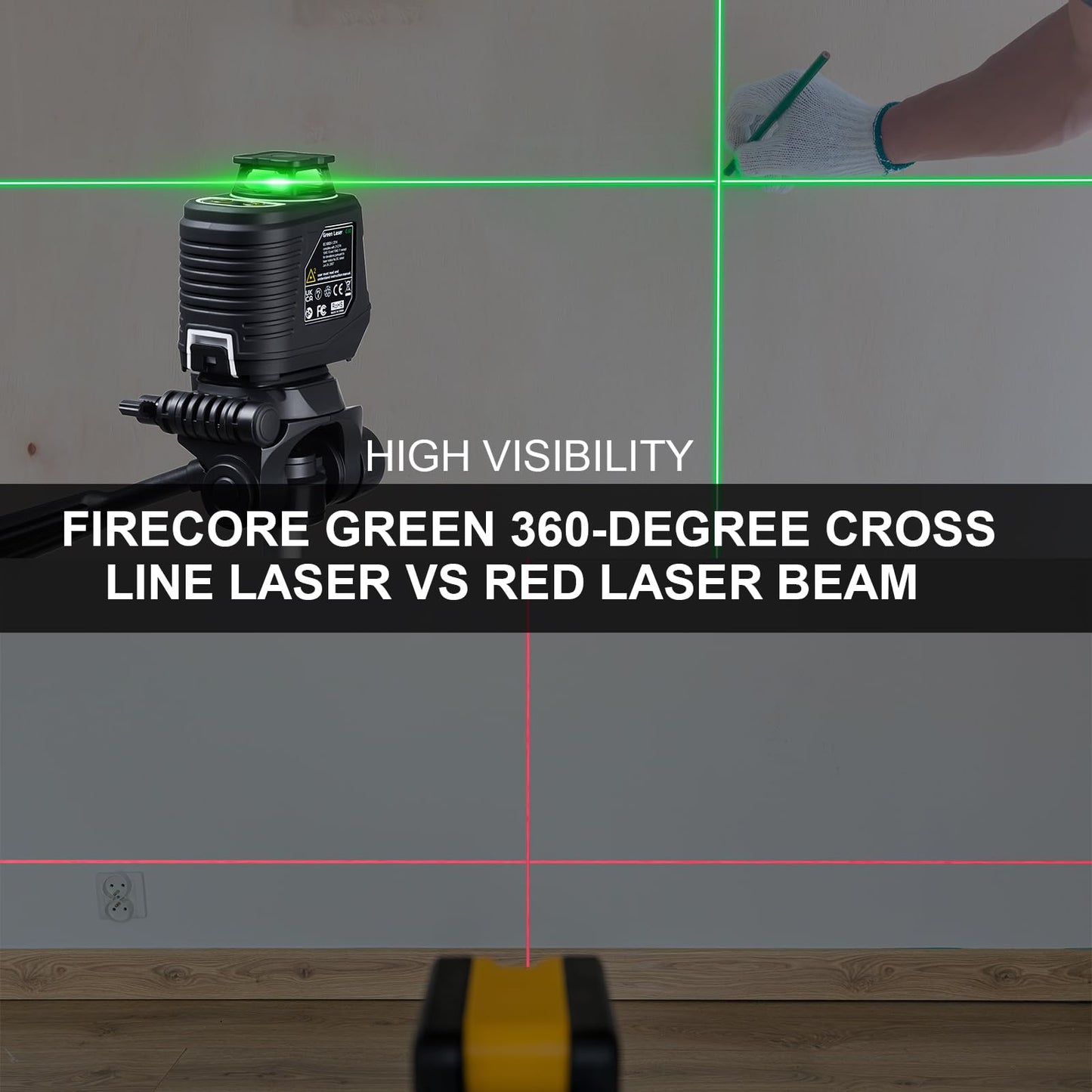 Firecore Laser Level with Tripod, 82Ft Green Self Leveling 360°Cross Line Laser Level for Picture Hanging Construction Indoor Project, Magnetic - WoodArtSupply