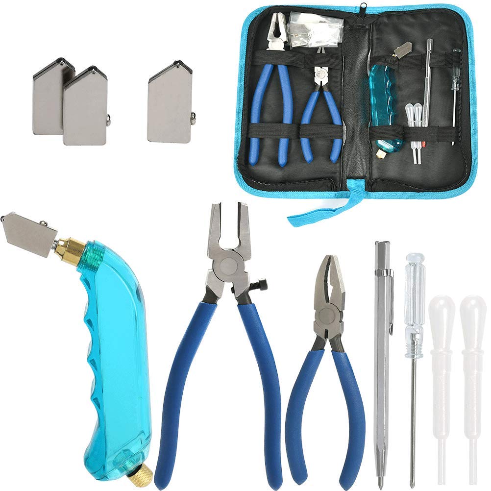 YOTINO Glass Cutting Tool Kit Includes Blue Grip Oil Feed Glass Cutter with 2 pliers, 3 Extra Replacement Head, Tungsten Scribe Engraving Pen, YOTINO