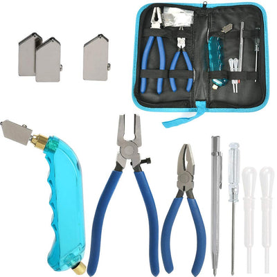 YOTINO Glass Cutting Tool Kit Includes Blue Grip Oil Feed Glass Cutter with 2 pliers, 3 Extra Replacement Head, Tungsten Scribe Engraving Pen,