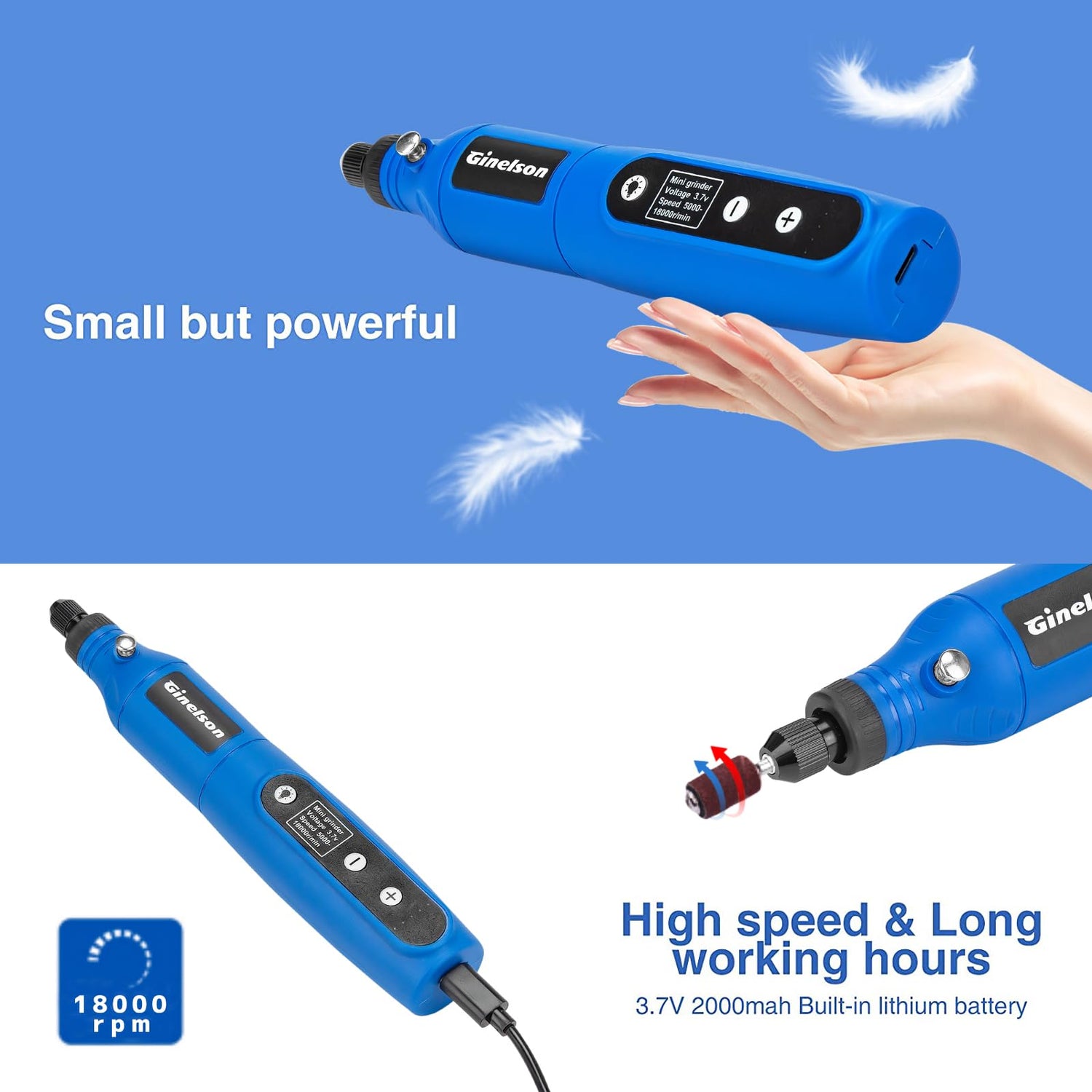 GINELSON Cordless Rotary Tool, 2000 mAh Battery Pack, 5-Speed and USB-C Charging Rotary Tool Kit with 64 Accessories, Multi-Purpose 3.7V Power Rotary GINELSON