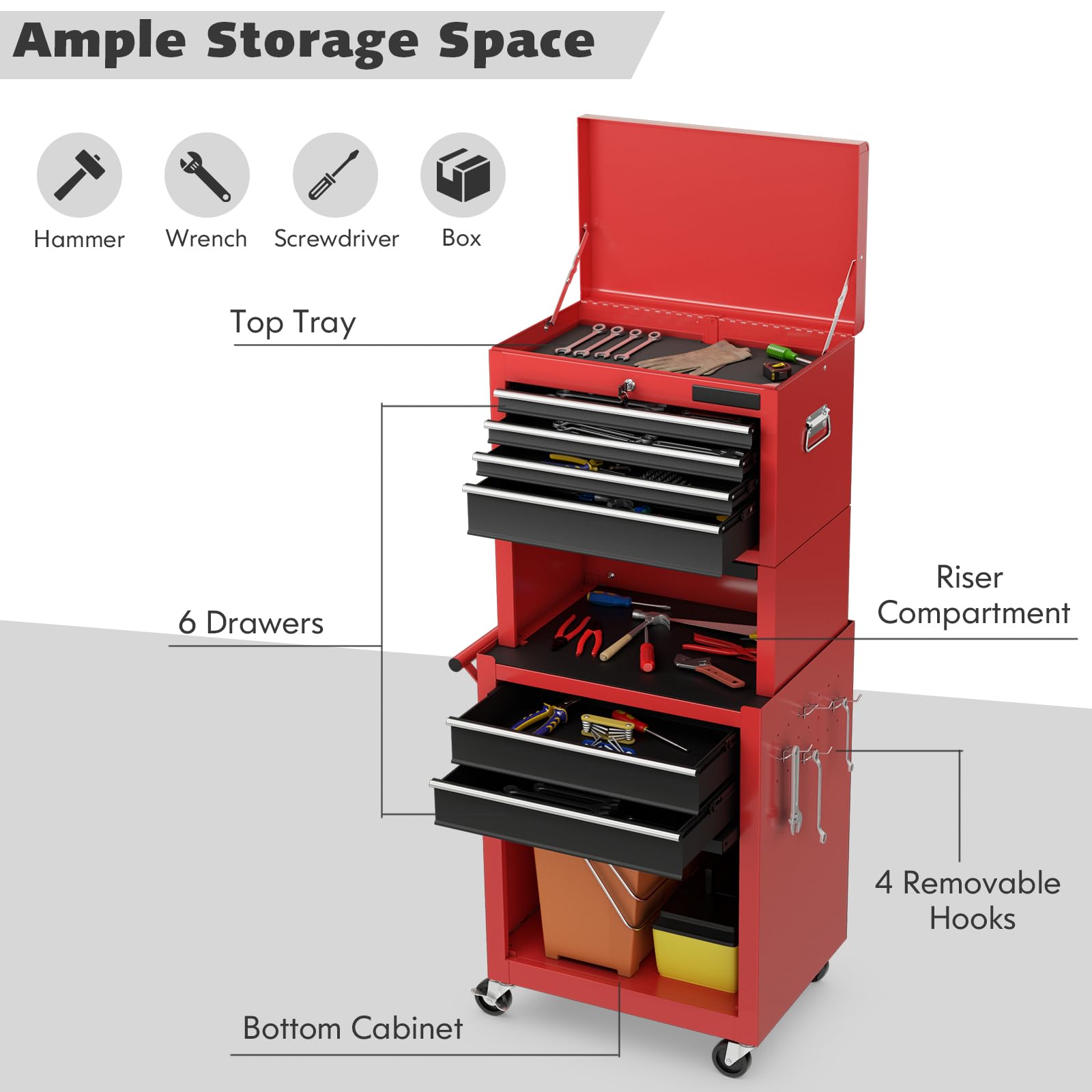 Goplus 6-Drawer Rolling Tool Chest, 3-in-1 Tool Box Organizer w/Auto Locking System & Lockable Wheels & Sliding Drawers & Detachable Top, Tool - WoodArtSupply