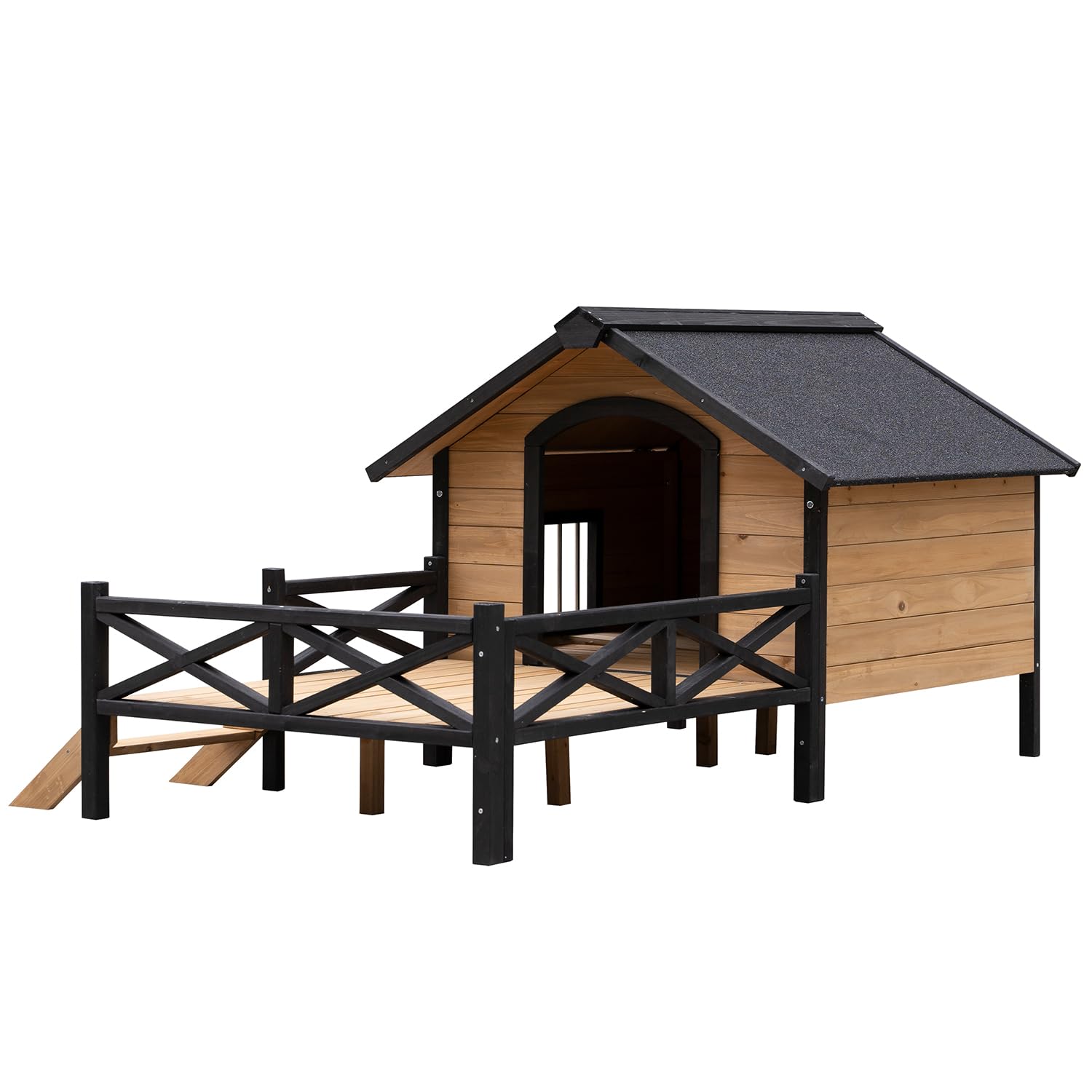 Wooden Large Dog House 43.3" L x 69.9" W x 32.7" H Extreme Outback Log Cabin Weatherproof Outdoor Pet Kennel, Cabin Style Elevated Pet Shelter AMZOSS