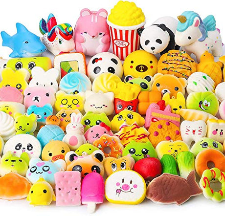 WATINC Random 70Pcs Squeeze Toys, Birthday Gifts for Kids Party Favors, Slow Rising Simulation Bread Squeeze Stress Relief Toys Goodie Bags Egg WATINC