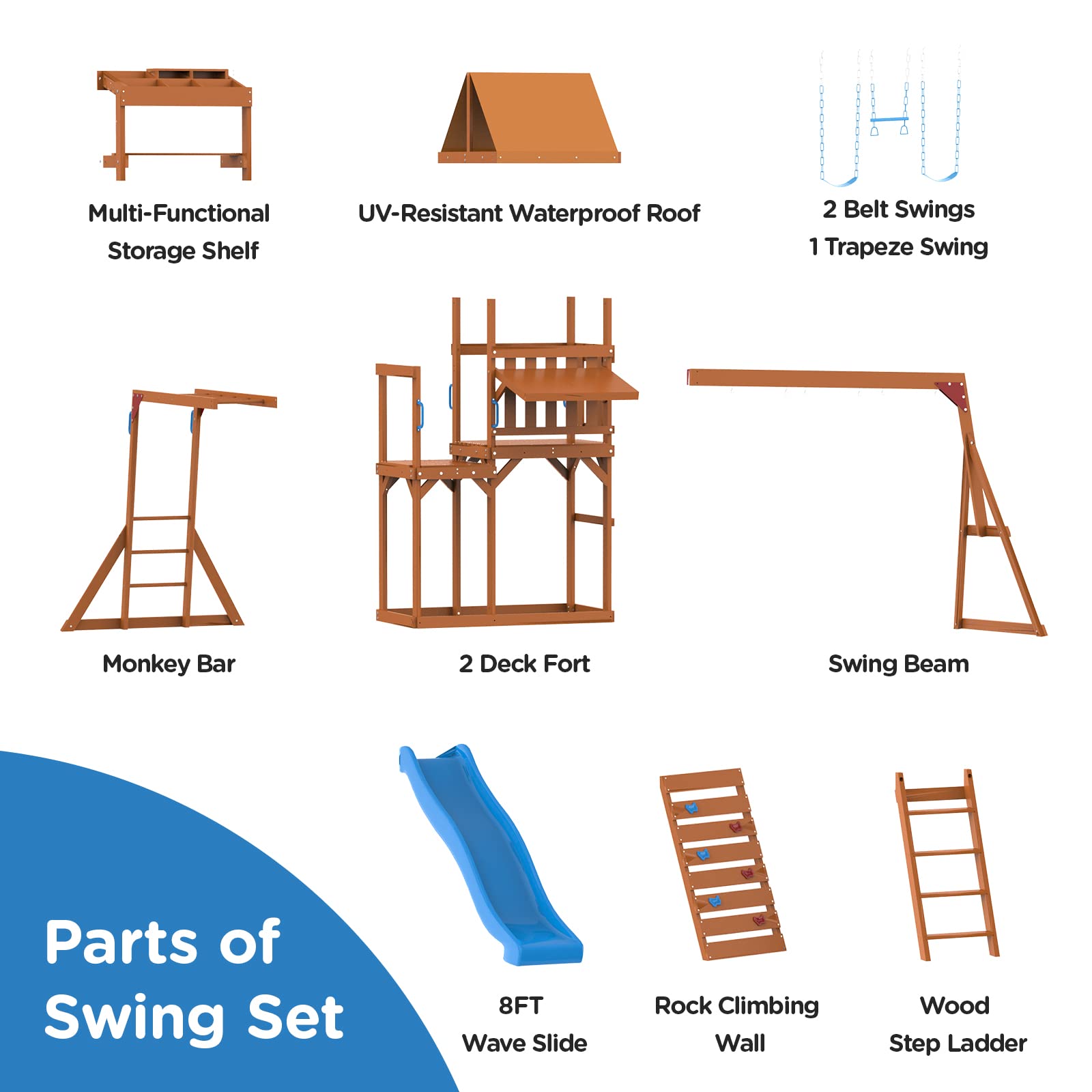 Wooden Swing Sets for Backyard with Outdoor Table, Outdoor Playset for Kids 3-10 with Monkey Bar, 8FT Wave Slide, Playhouse, and 2 Belt Swings, - WoodArtSupply