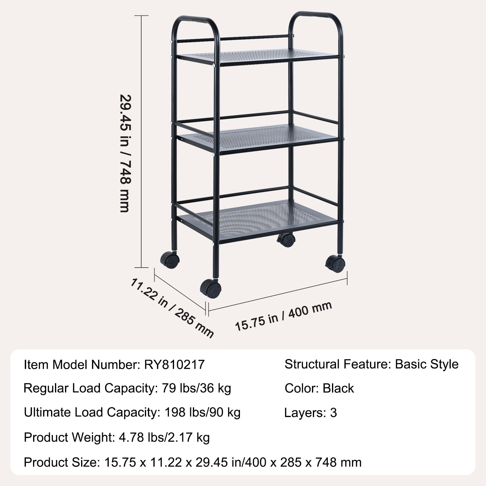 VEVOR 3-Tier Metal Rolling Cart, Heavy Duty Utility Cart with Lockable Wheels, Multi-Functional Storage Trolley with Handle for Office, Living Room, - WoodArtSupply