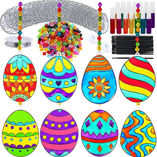 24 Sets Easter Egg Suncatcher Ornaments Decoration DIY Window Paint Art Stickers Craft Kit 8 Designs Easter Egg Suncatchers for Kids Classroom Easter Winlyn