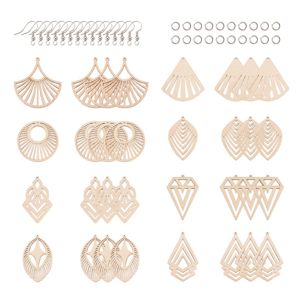 80pcs Natural Unfinished Wooden Earring Pendant 8 Styles Undyed Filigree Round Teardrop Blank Cutout Wood Dangle Earrings Kit with Jump Rings & Fish EEE ELECRELIVE