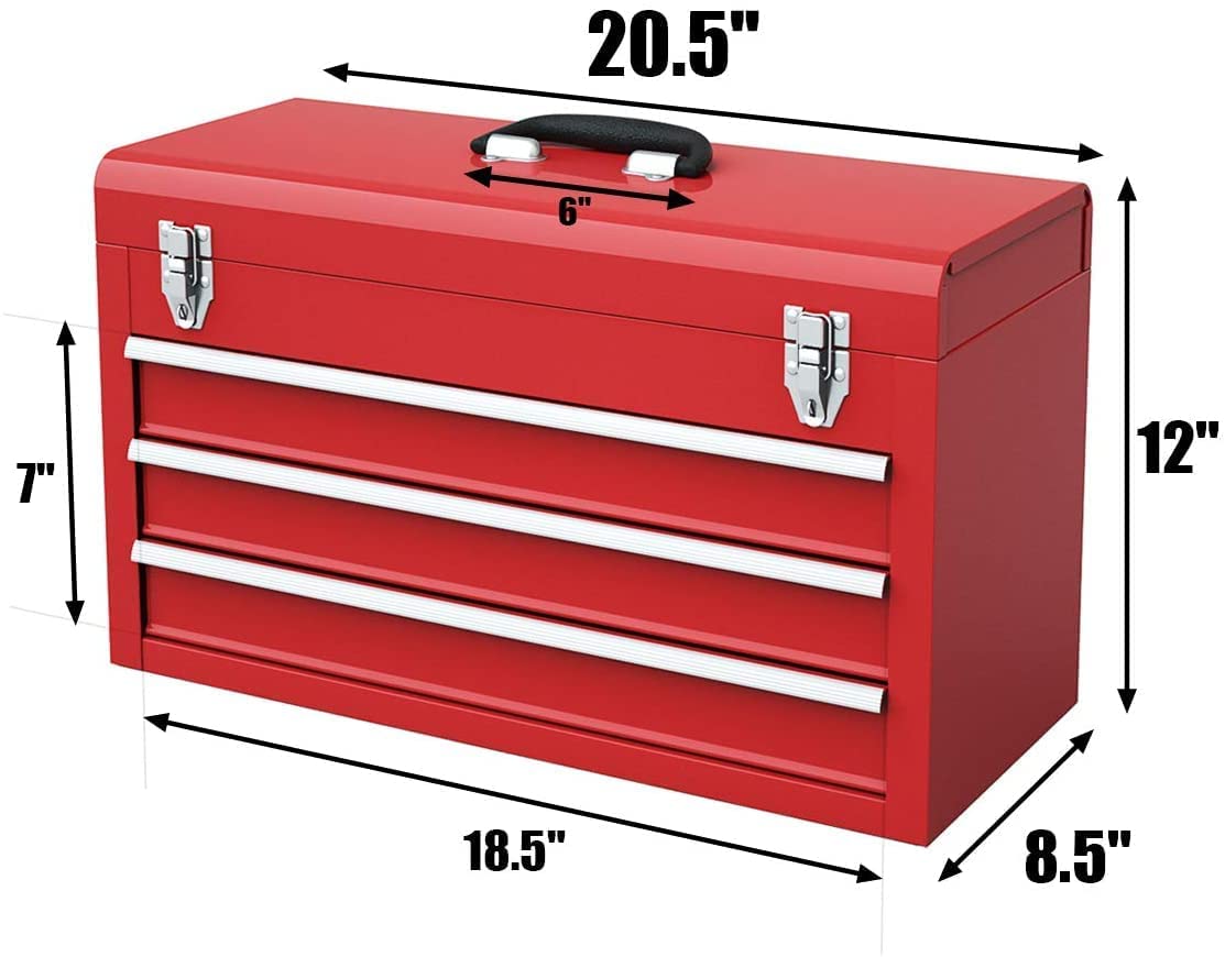 IRONMAX Portable Tool Box, Lockable Steel Tool Chest Cabinet w/ 3 Drawers & Top Tray, 3-Drawer Toolbox for Household, Warehouse, Repair Shop, Red