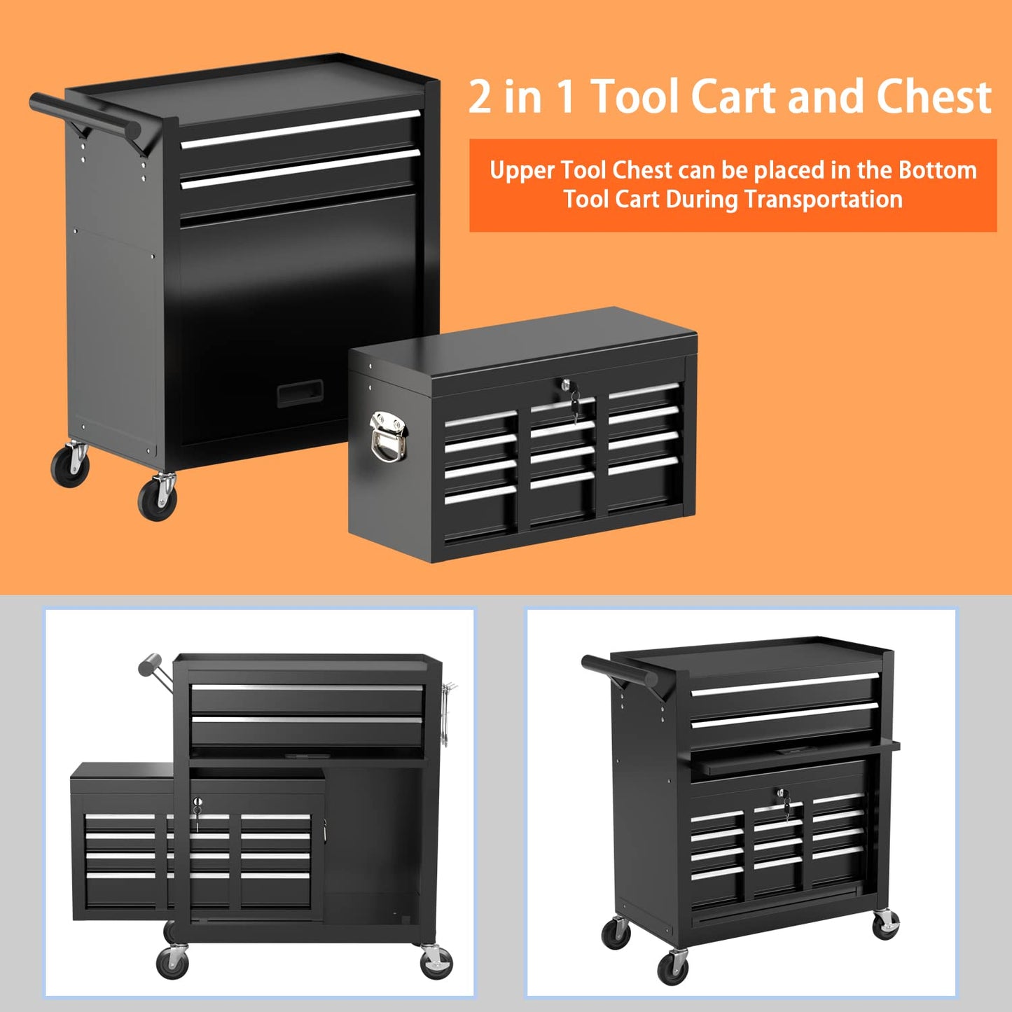 8-Drawer High Capacity Rolling Tool Chest, Removable Cabinet Storage Tool Box with Wheels and Drawers, Detachable Toolbox with Lock for Workshop