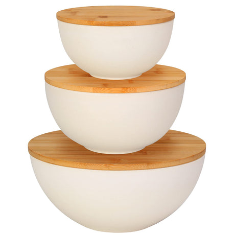 ShineMe Salad Bowl with Lid, Natural Bamboo Fiber Serving Bowls Set of 3 with Utensils & Lids, Mixing Bowls for Preparing, Storing and Serving for ShineMe