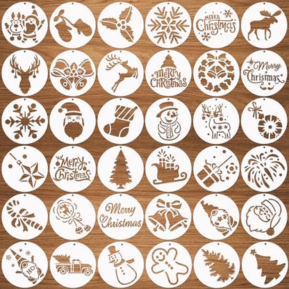 36 Pcs Small Round Christmas Stencils for Wood Slice, 3x3 Inch Winter Christmas Stencils Including Santa Snowman Deer Snowflake for Christmas Tree Ornaments Coasters Gift Tags Card Making