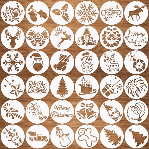36 Pcs Small Round Christmas Stencils for Wood Slice, 3x3 Inch Winter Christmas Stencils Including Santa Snowman Deer Snowflake for Christmas Tree