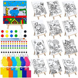 Tenceur 48 Pcs Kids Paint Party Favors Sets with 12 Pcs 5.9 x 5.9 Pre Drawn Canvas Panel and Wooden Easel Set Paint Pots and Brushes, 12 Pcs Mini Tenceur