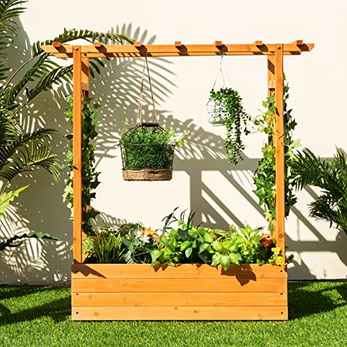 S AFSTAR Raised Garden Bed with Arch Trellis, Wood Planter Box with Hanging Roof, Side Trellis, 4 Drainage Holes, Above Ground Elevated Garden Bed S AFSTAR
