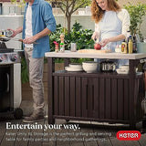 Keter Unity XL Outdoor Kitchen Island Rolling Cart Bar Table & Storage Cabinet, Grill Station with Utensil Hooks for Grilling Accessories, Brown Keter