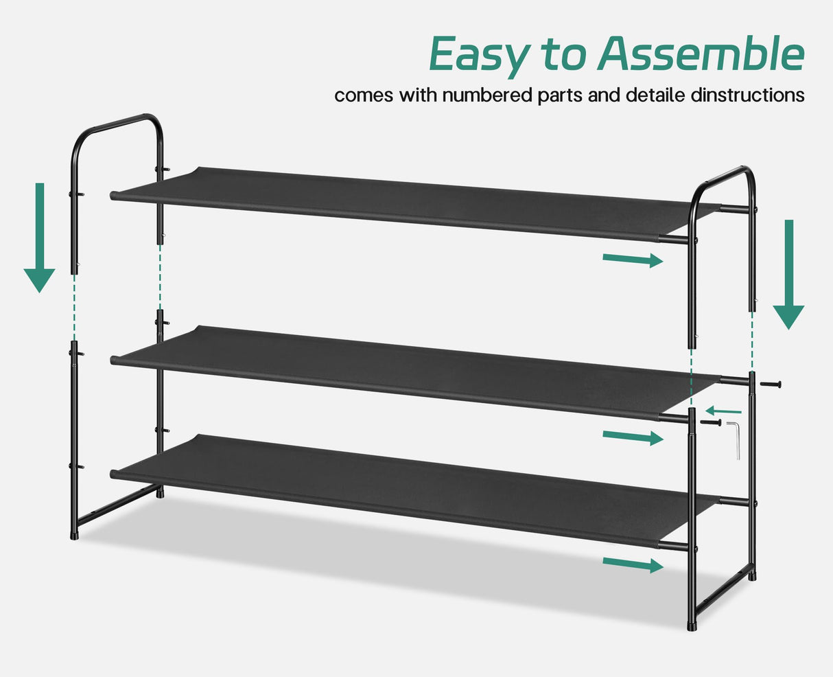 AOODA Long 3 Tier Shoe Rack for Closet Entryway, Stackable Wide Shoe Storage Organizer Holds 24 Pairs Shoe Rack Shelf for Bedroom, Floor, Garage, AOODA