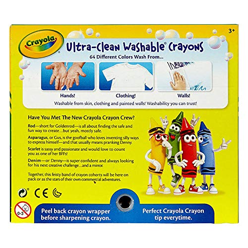 Crayola Ultra Clean Washable Crayons, Built in Sharpener, 64 Count, Kids at Home Activities - WoodArtSupply