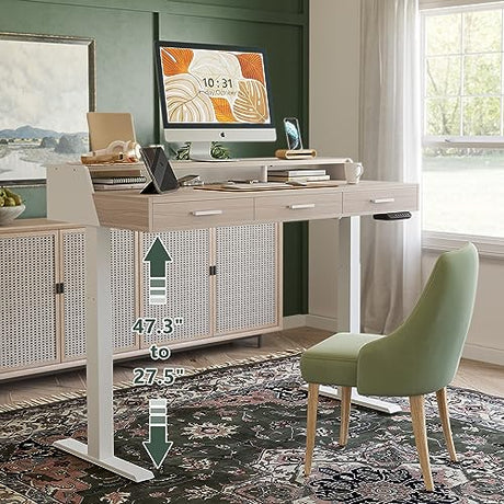 FEZIBO Electric Standing Desk with Drawers, 48x24 Inch Standing Desk Adjustable Height, Stand Up Desk with Monitor Shelf, Sit Stand Home Office Desk, FEZIBO