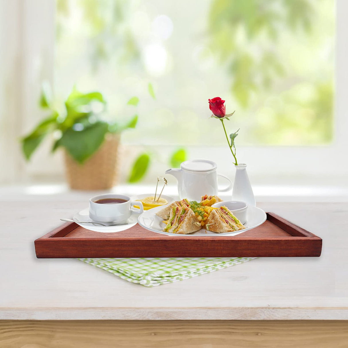 Solid Wood Serving Tray, Rectangle Non-Slip Tea Coffee Snack Plate, Food Meals Serving Tray with Raised Edges for Home Kitchen River-CJ