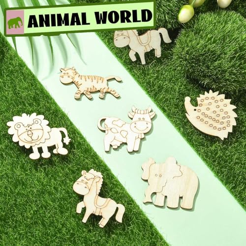 Stiesy 100 Pcs Unfinished Wooden Animal Cutouts Wood Cutout Blank Lion Elephant Shape Wooden Ornament for DIY Craft Supplies Party Decoration Stiesy