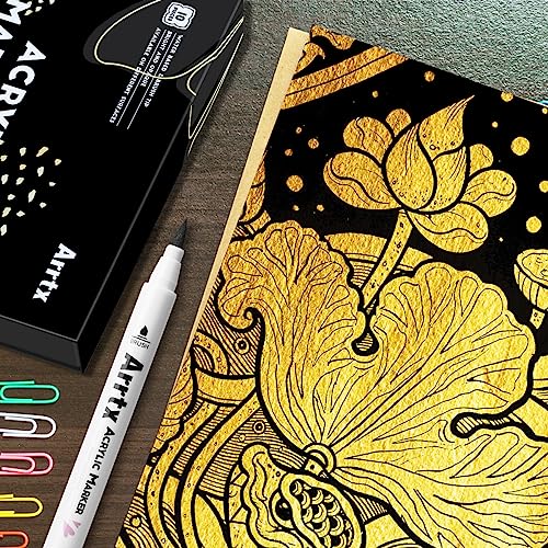 Arrtx Acrylic Paint Pens, 10 Pack Extra Brush Tip White Paint Markers Metallic for Rock Fabric Wood Glass Canvas Ceramic, 4 White 4 Black 1 Gold & 1 Arrtx