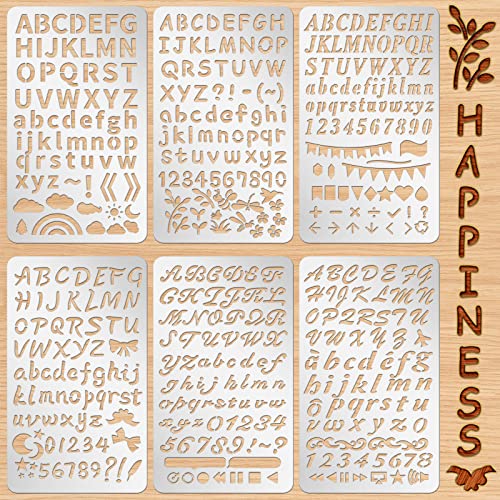 6 Pcs Mixed Letter Number Metal Stencils Plant Wood Stencils Templates Alphabet Symbol Stainless Steel Stencils for Wood Carving Drawing Engraving Lewtemi