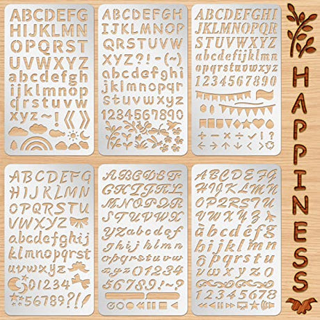 6 Pcs Mixed Letter Number Metal Stencils Plant Wood Stencils Templates Alphabet Symbol Stainless Steel Stencils for Wood Carving Drawing Engraving Lewtemi