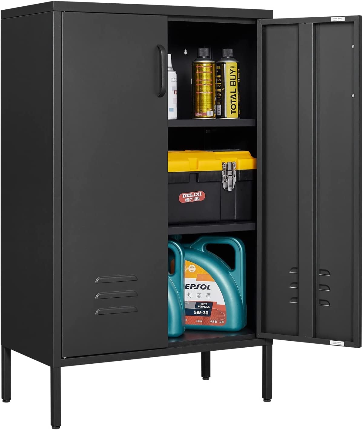 LUCYPAL Metal Accent Cabinet with 2 Doors,42''H Steel Storage Cabinet with Unique Handle,Metal Locker for Garage Home Use,Black