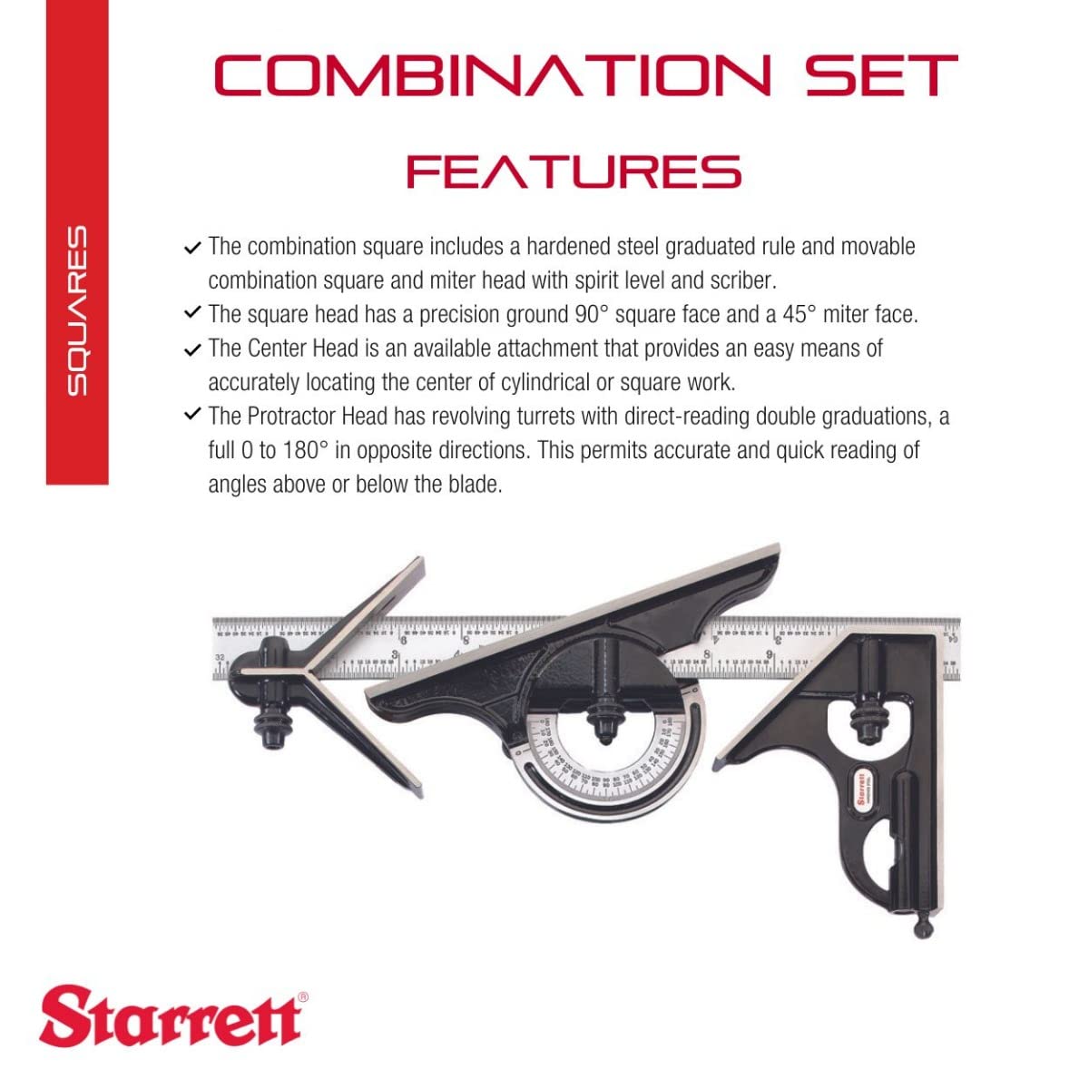 Starrett Combination Set with Square, Center and Reversible Protractor Head and Blade - 12" Blade Length, Forged and Hardened Steel Heads, 4R Starrett