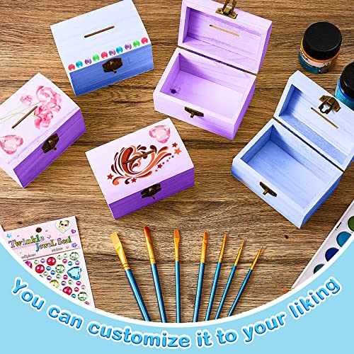 Leinuosen 15 Pcs Small Wooden Boxes with Hinged Lids 3.5 x 2.2 x 1.9 Inch  Unfinished Wooden Treasure Chest Box 10 Pcs Paint Brushes with 2 Sheets